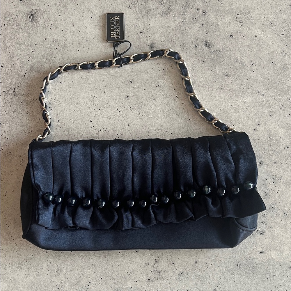Navy Blue Ruffled Vintage Beaded Evening Bag NWT